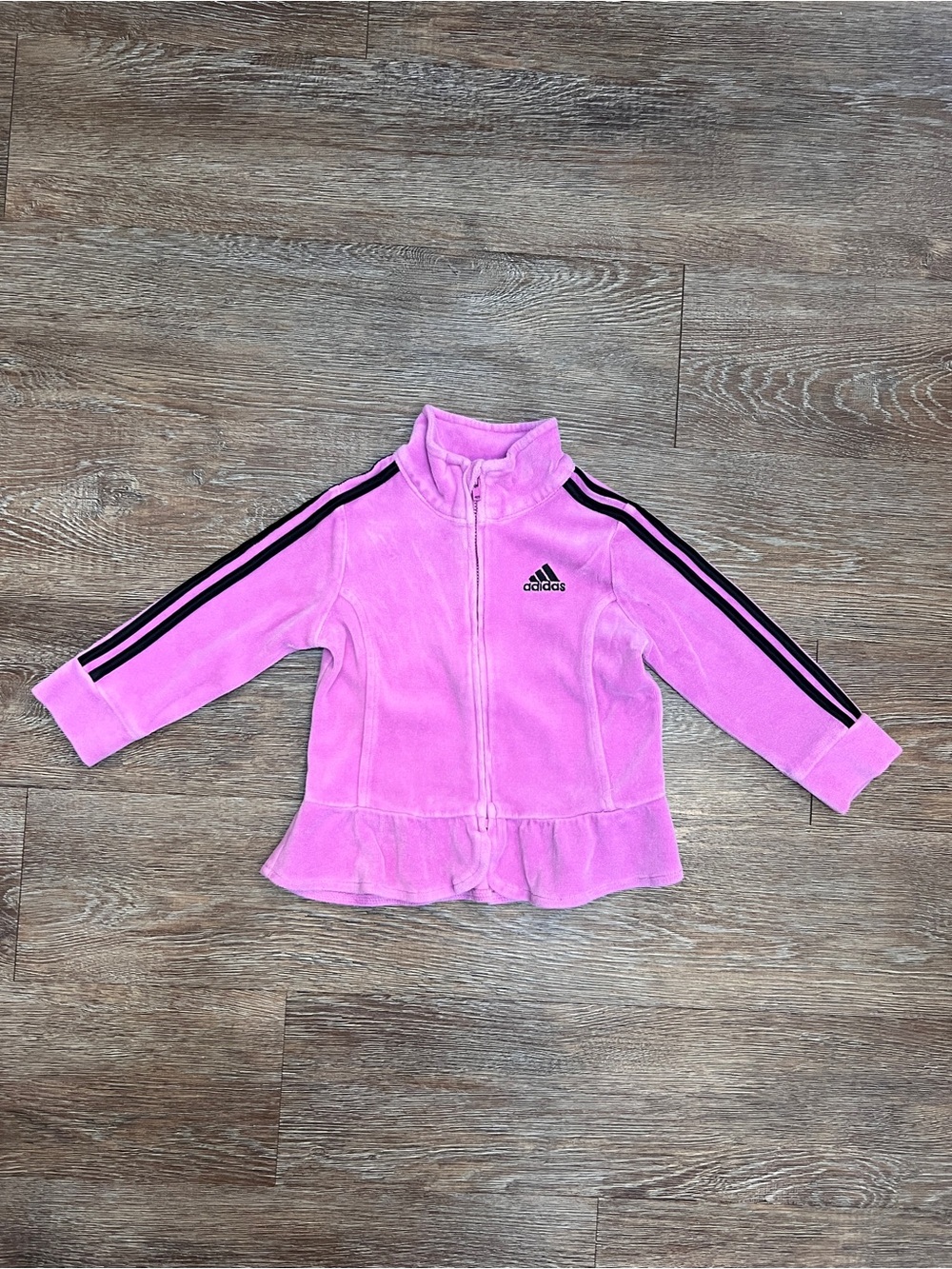 Adidas Track Jacket Pink Black Stripe Toddler Girls Peplum Velour | Size: 18M